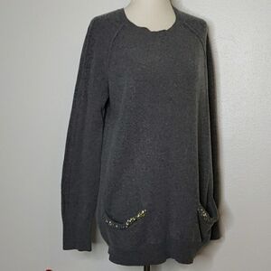 LOFT Ann Taylor Gray Wool Sweater Gold Sequin Pocket Tunic Slouchy Spring Top